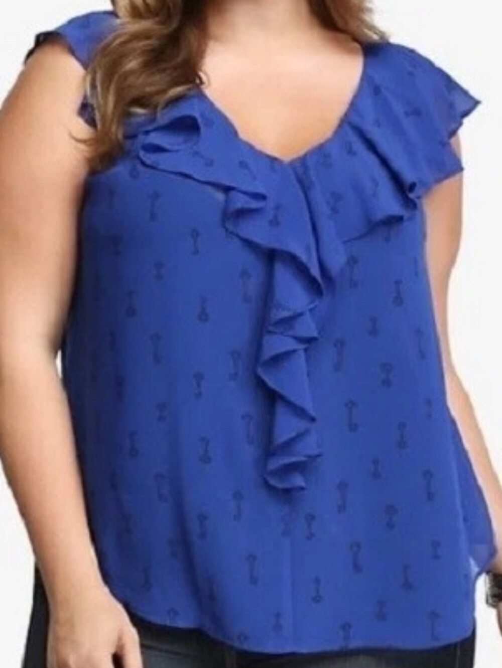 Torrid Royal Blue Key Print Ruffle Front Blouse Flutter Sleeve